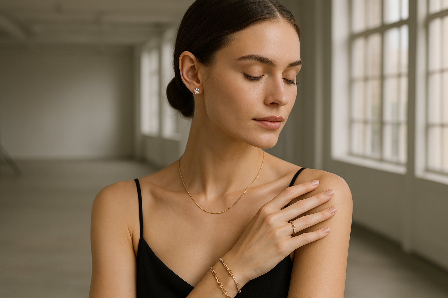 A model in a naturally lit studio, wearing expensive delicate fine jewelry
